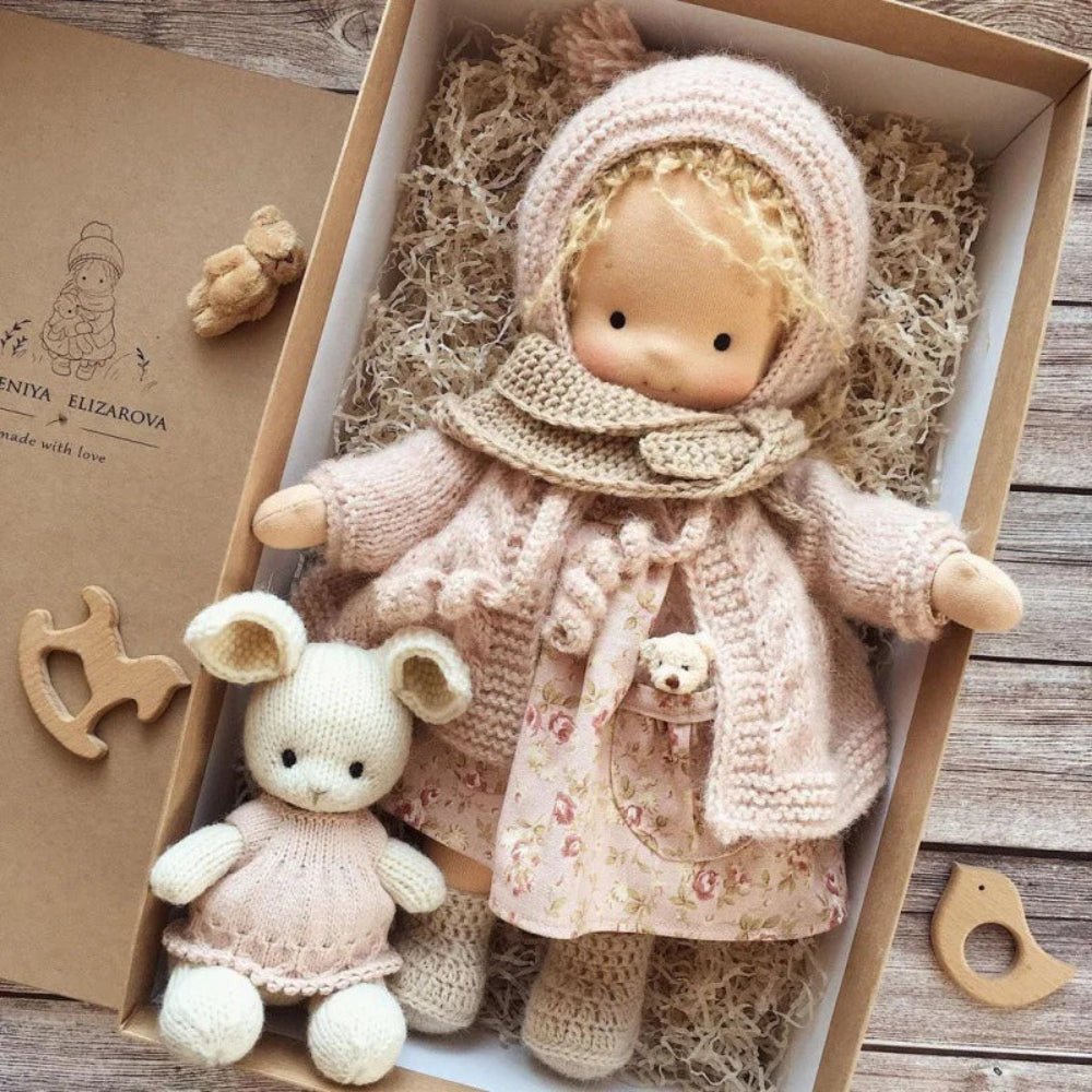 Waldorf style plush doll featuring a kawaii design, perfect for imaginative play, measuring 32cm with hand-finished details, ideal as a 0